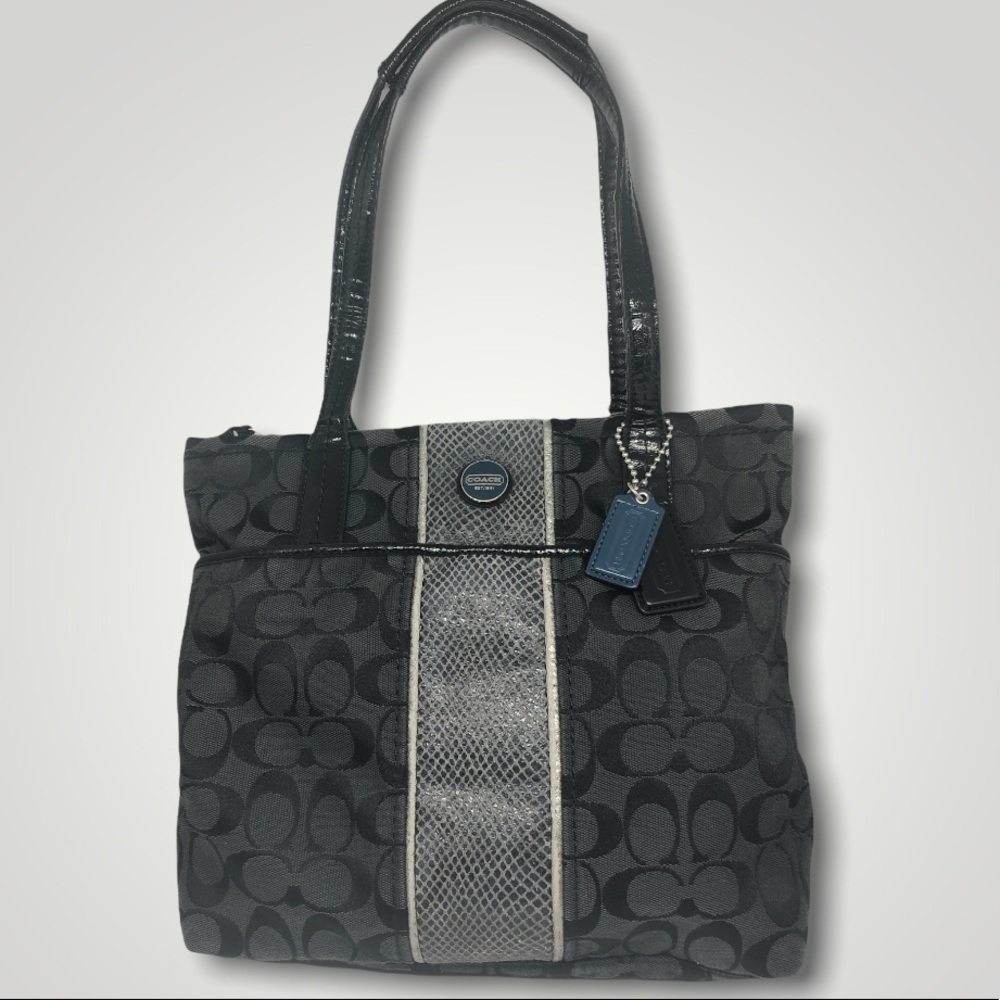 Coach Signature Silver Black Python Stripe Tote Purse F25706